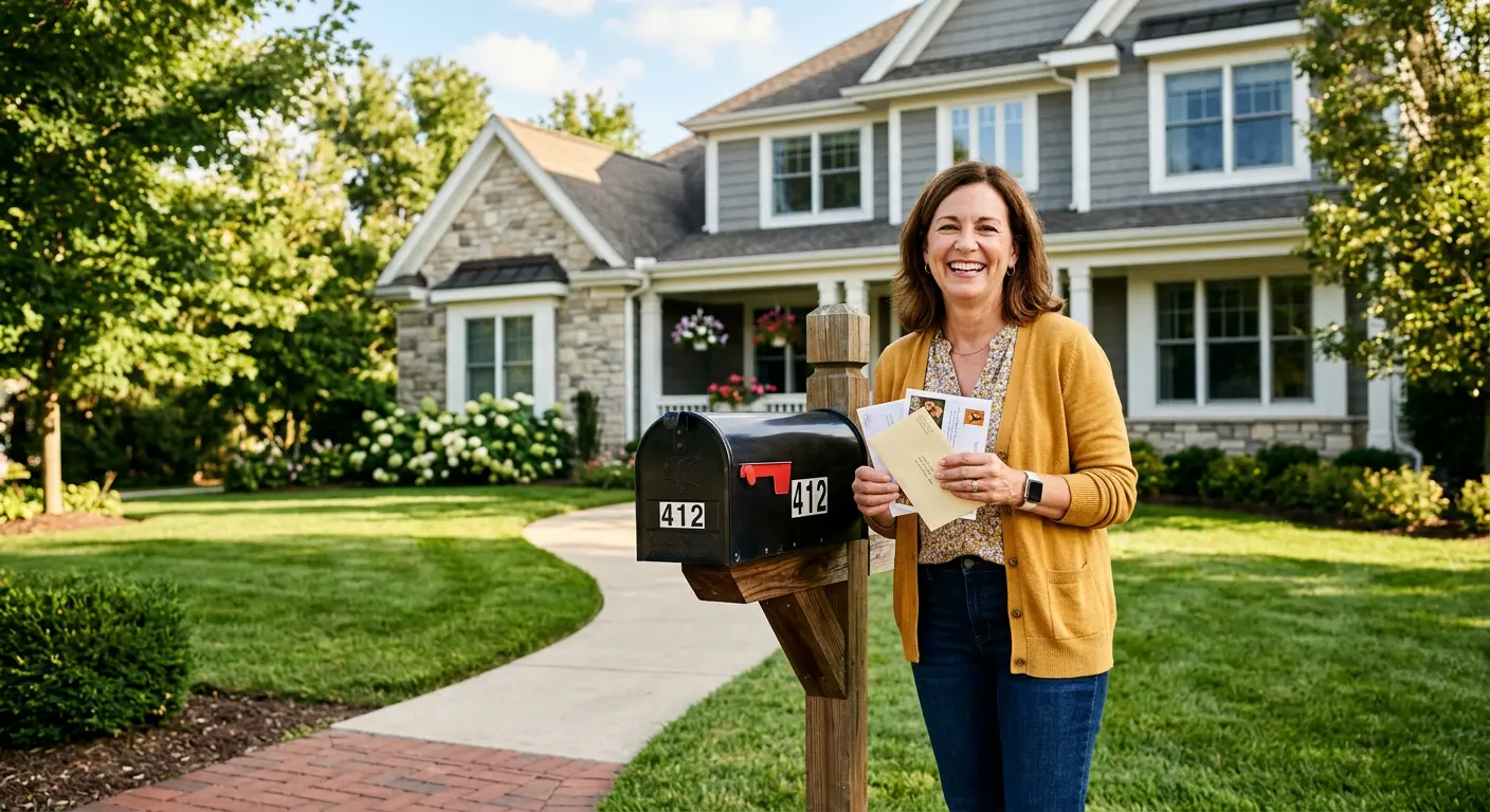 Happy homeowner checking mailbox